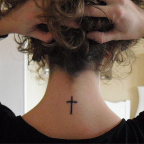 Black Cross Tattoo On Neck Back
