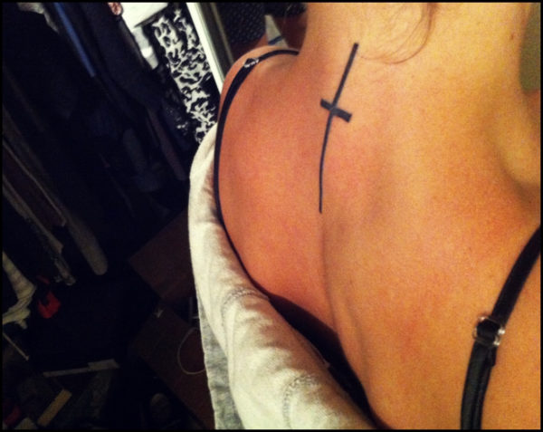 Black Cross Tattoo On Neck Back