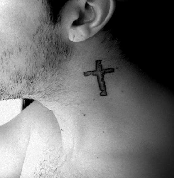 Black Cross Tattoo On Neck