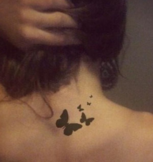Black Cute Butterflies Tattoo On Neck