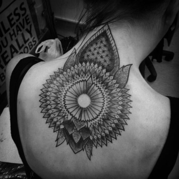 Black Designer Lotus Tattoo On Back Neck