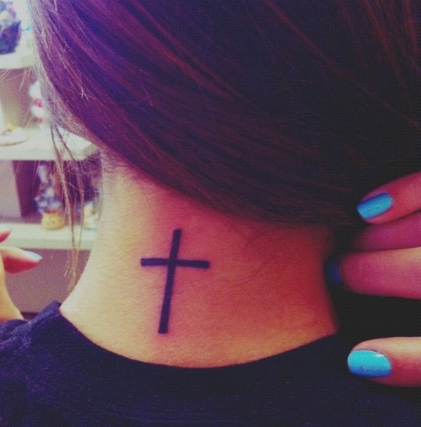 Black Ink Cross Tattoo On Neck