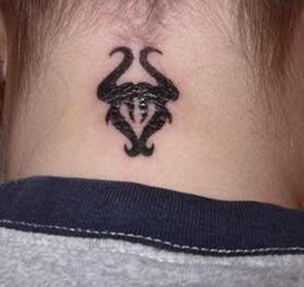 Black Leo Tattoo On Neck Back