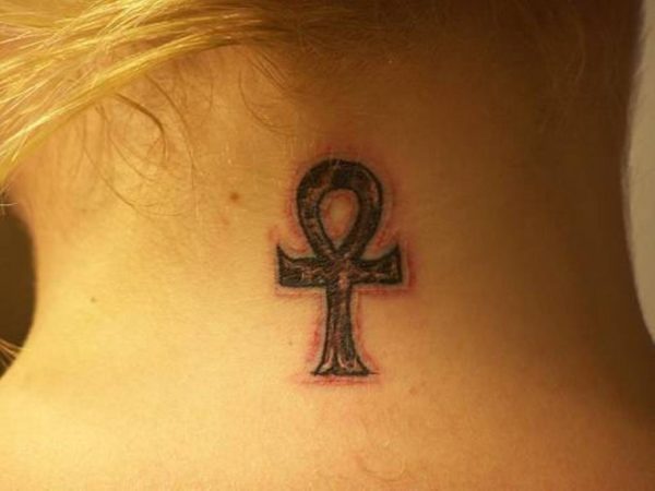 Black Neck Back Cross Tattoo