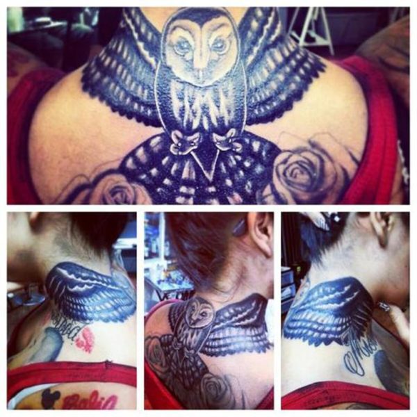 Black Owl Tattoo On Neck Back