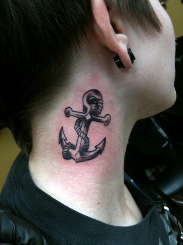 Black Stylish Anchor Tattoo On Neck