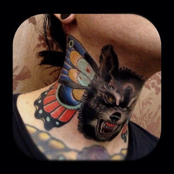 Black Wolf Tattoo On Neck