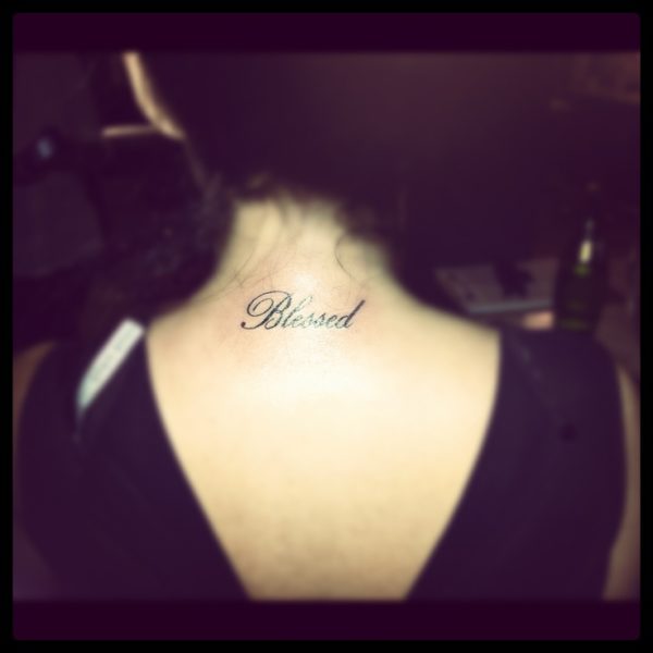 Blessed Word Tattoo On Neck Back