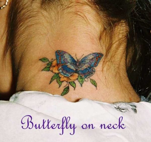 Blue Butterfly Flower Tattoo On Neck