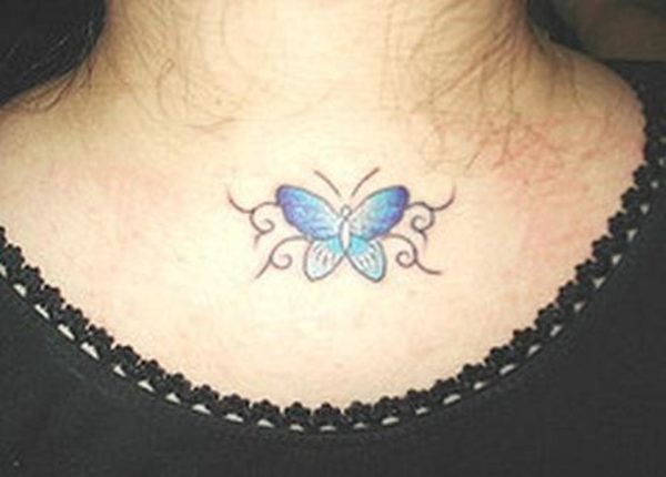 Blue Butterfly Tattoo On Front Neck