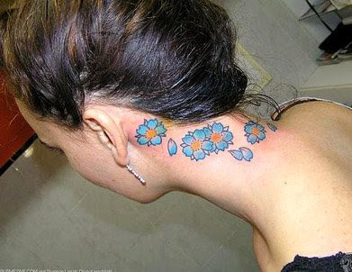 Blue Flowers Neck Tattoo Behind Ear