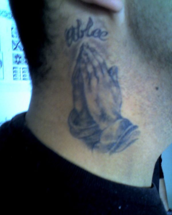 Blue Praying Hands Tattoo On Neck