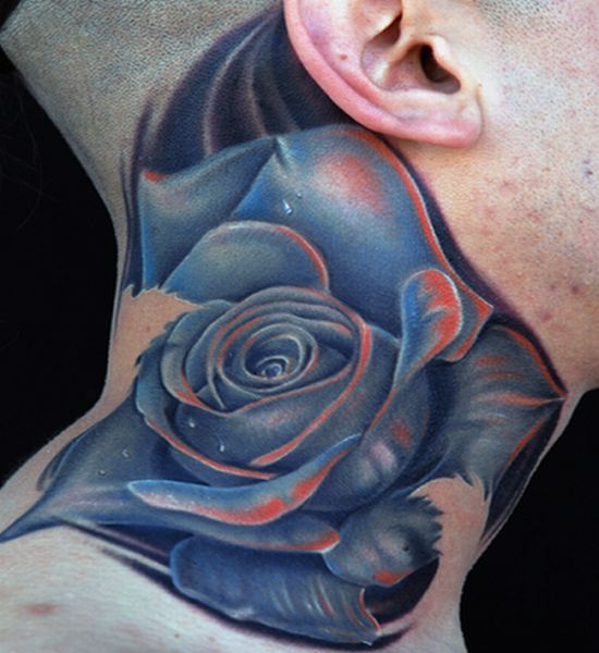 Blue Rose Tattoo On Neck For Men