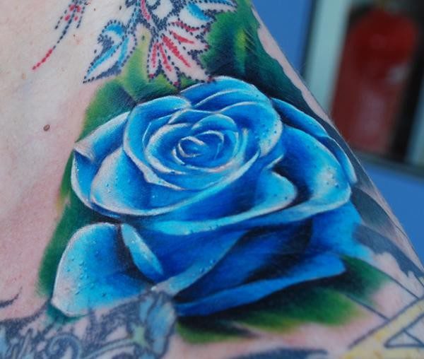 Blue Rose Tattoo On Side Neck