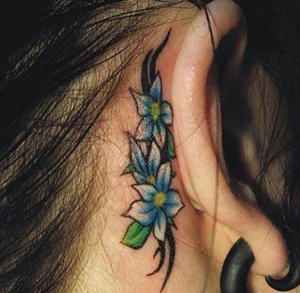 Blue Vine Flower Tattoo Behind Ear