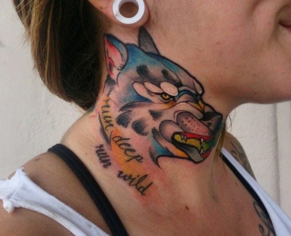 Blue Wolf Tattoo On Neck