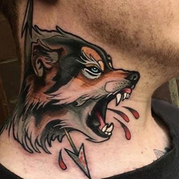Bow And Wolf Tattoo On Neck