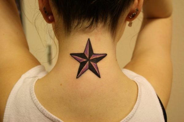 Brown And Black Star Tattoo On Neck Back