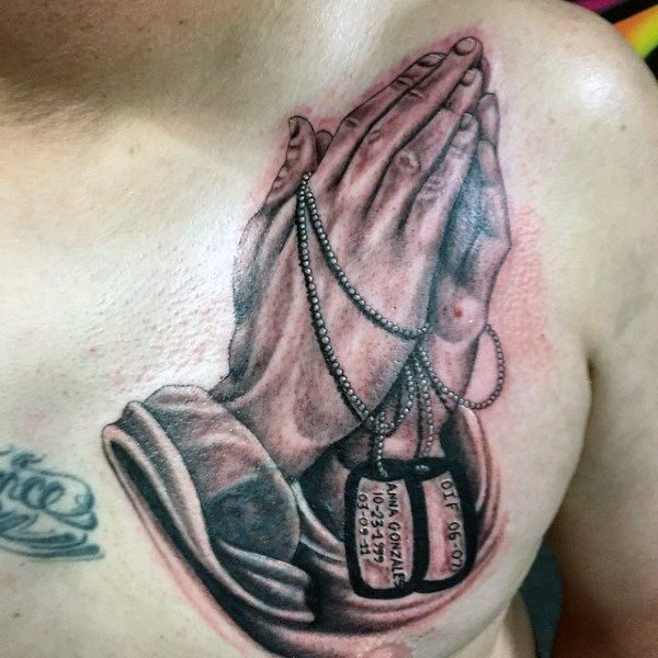 Brown Colored Praying Hands Tattoo On Neck