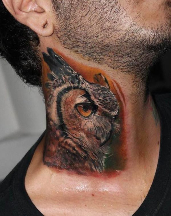 Brown Owl  Tattoo On Neck