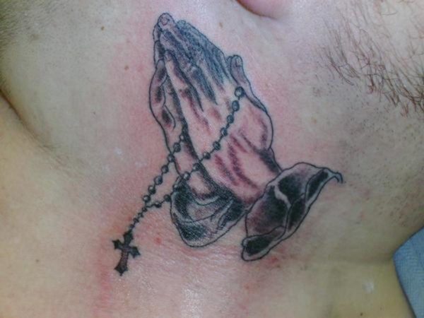 Brown Praying Hands Tattoo On Neck