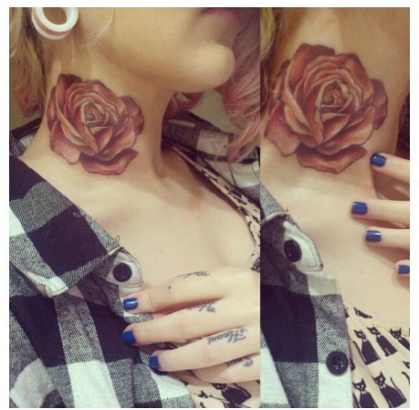 Brown Rose Tattoo On Neck