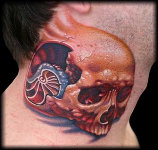 Brown Skull Tattoo On Neck