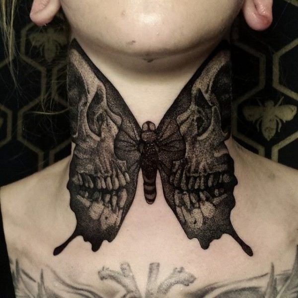 Butterfly Skull Neck Tattoo