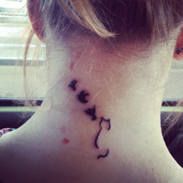 Cat And Birds Tattoo On Neck