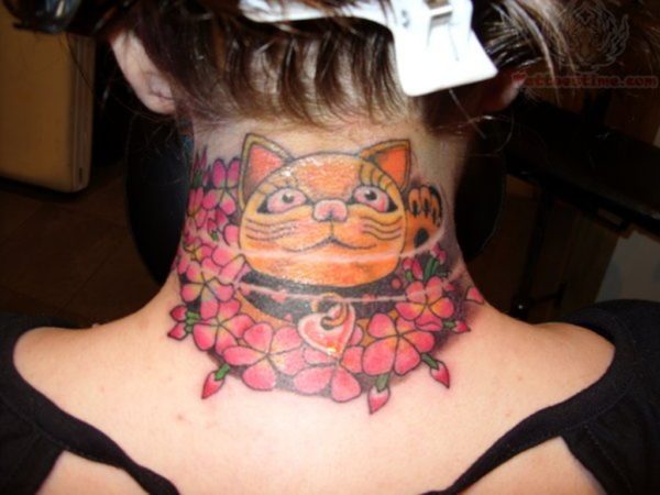 Cat Face Tattoo On Neck