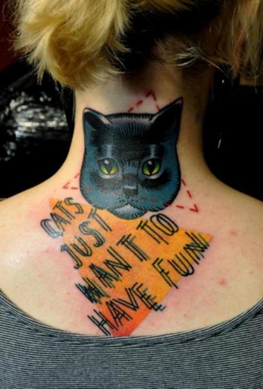 Cat Letter Tattoo On Neck