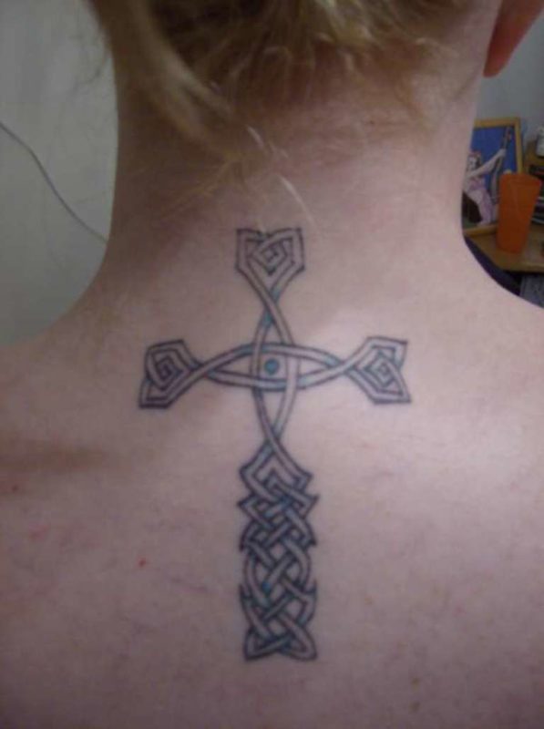 Celtic Cross Back Neck Tattoo