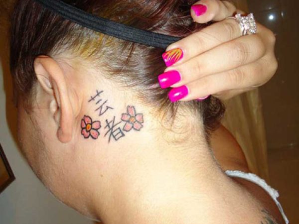 Chinese Flower Tattoo On Neck
