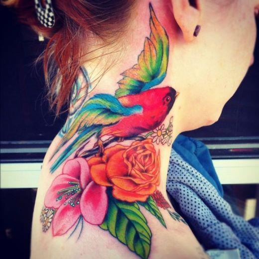Colored Bird Tattoo On Neck
