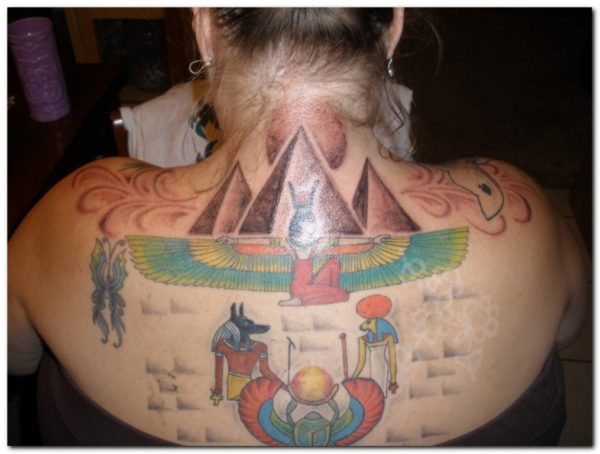  Colored Egyptian Tattoo Design On Neck