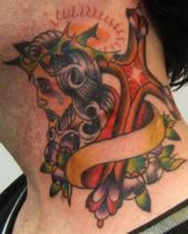 Colored Jesus Tattoo On Neck