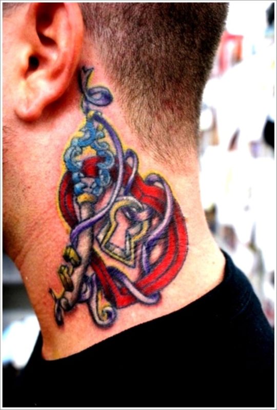 Colored Key Tattoo On Neck