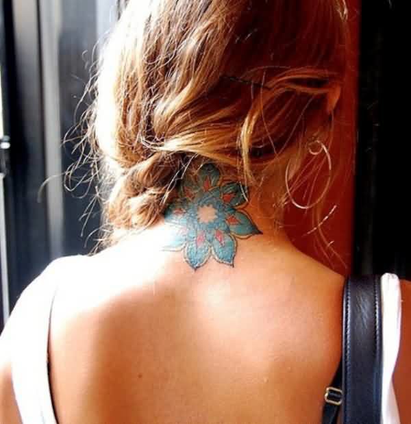 Colored Lotus Neck Tattoo Design
