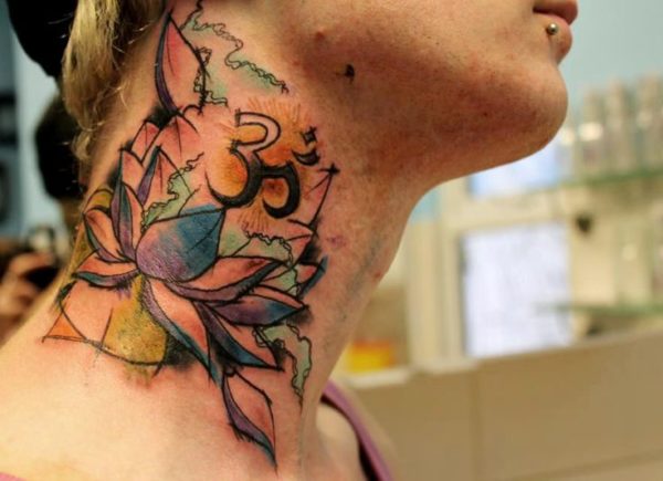 Colored Lotus Neck Tattoo
