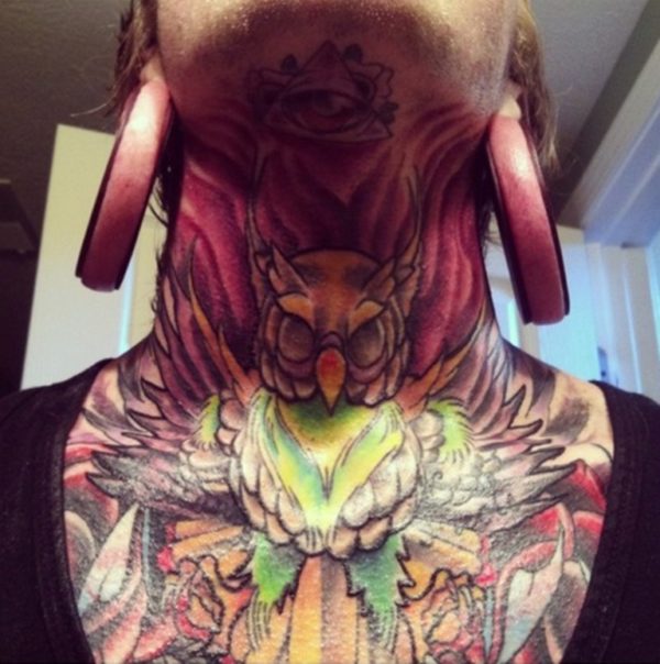 Colored Neck Owl Tattoo