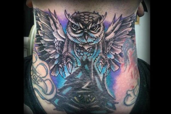 Colored Owl Tattoo On Neck 