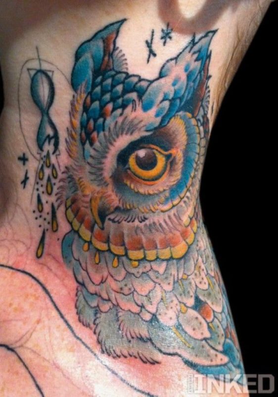 Colored Owl Tattoo On Neck