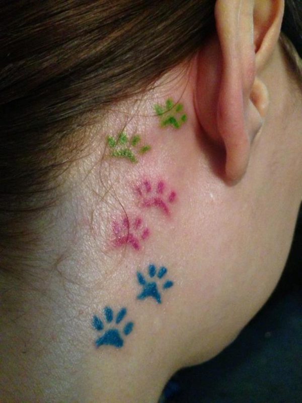 Colored Paw Print Tattoo On Neck