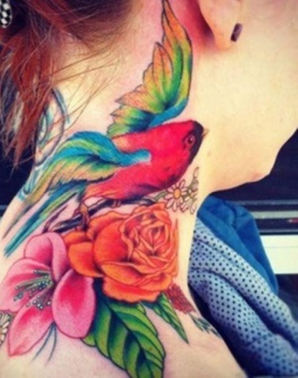 Colored Rose And Flower Tattoo