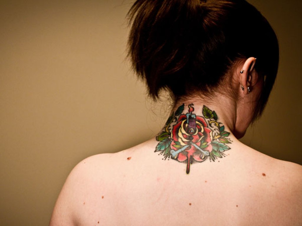Colored Rose Neck Tattoo.