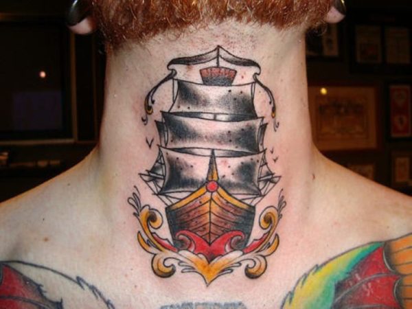 Colored Ship Tattoo On Neck