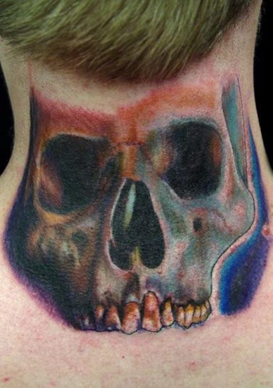 Colored Skull Tattoo On Neck