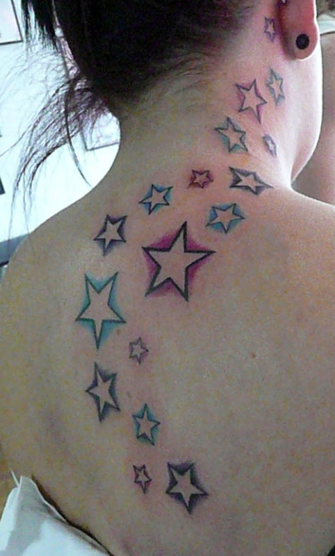 Colored Stars Tattoo Design On Neck
