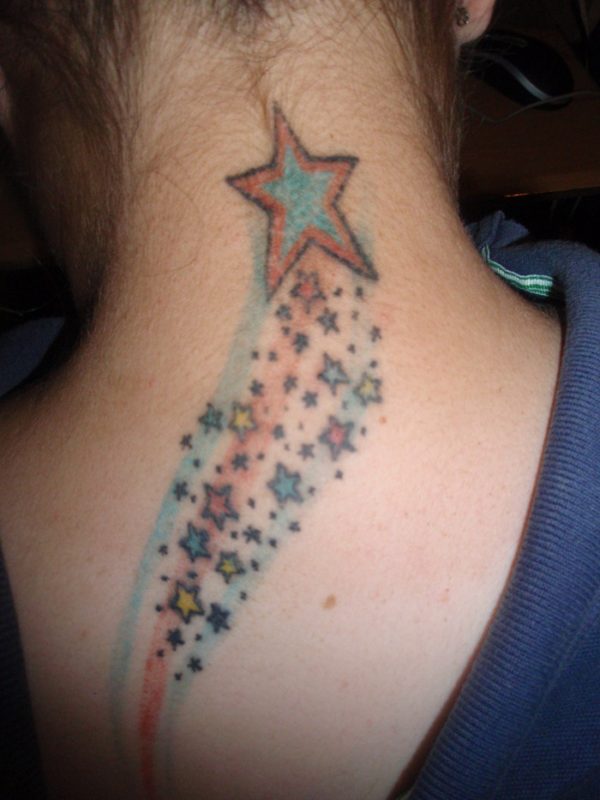 Colored Stars Tattoo On Neck Back