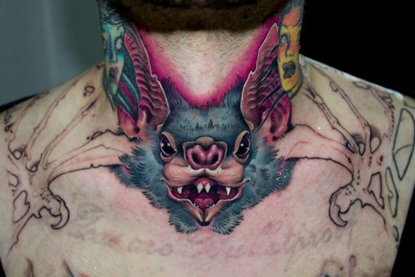 Colored bat Neck Tattoo